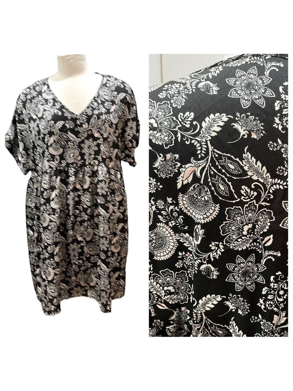 Zig Zag Stripe Black White Floral Print Vee Neck Dress Short Sleeve SZ 2XL